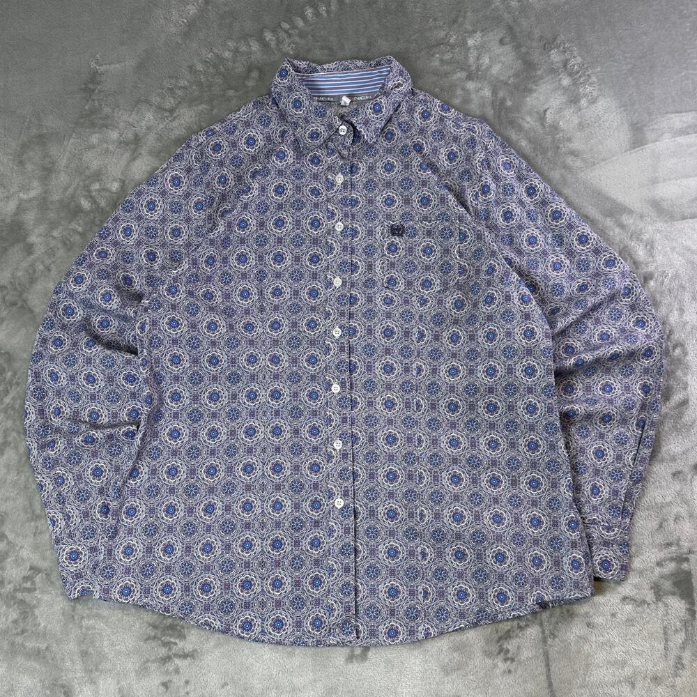 Cinch Mens XL Paisley Button Up Western Shirt Purple Blue Geometric Print